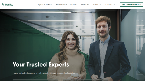Insurance experts offering coverage for businesses, homes, vehicles, and collectibles with navigation links and call to action