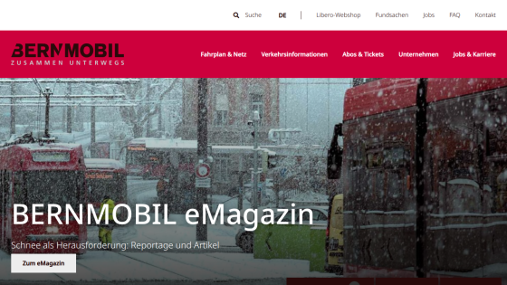 Bernmobil website with navigation and a snowy city scene promoting the Bernmobil eMagazine