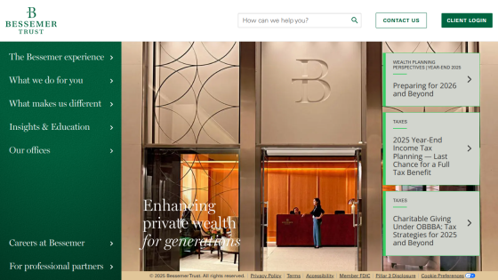 Bessemer Trust homepage with navigation menu, search bar, client login, and hero section about enhancing private wealth
