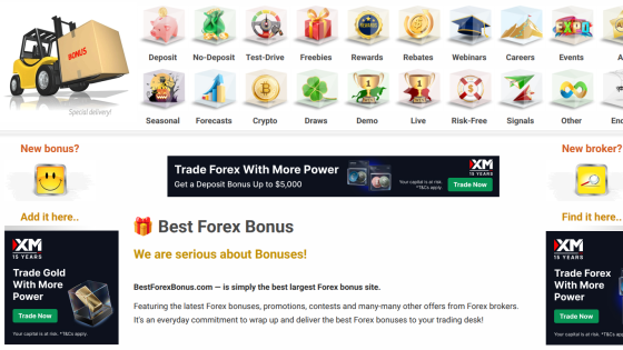 Forex bonus site homepage featuring various bonus categories and promotions with XM trading ads