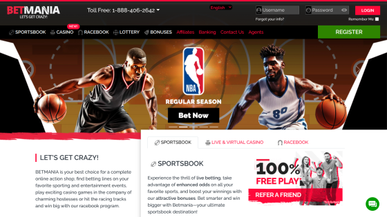 Betmania sportsbook homepage with NBA regular season promotion, login and register options, and betting offers