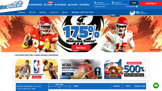 BetPhoenix sportsbook homepage with 175% welcome bonus, NBA and NCAA basketball betting options, and 500% virtual casino bonus
