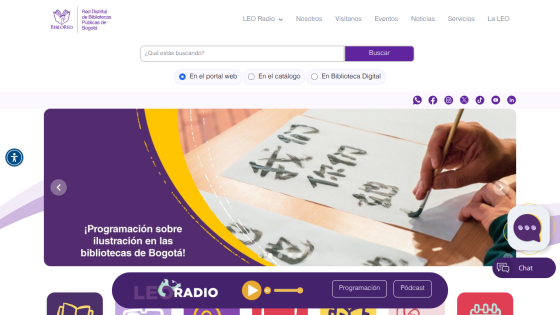 Biblioteca Pública de Bogotá website with search bar, navigation menu, and featured event about independent publishers