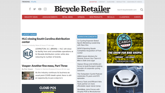 Bicycle Retailer homepage featuring latest news articles and advertisements.