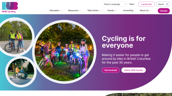 Homepage of HUB Cycling promoting cycling accessibility in British Columbia.