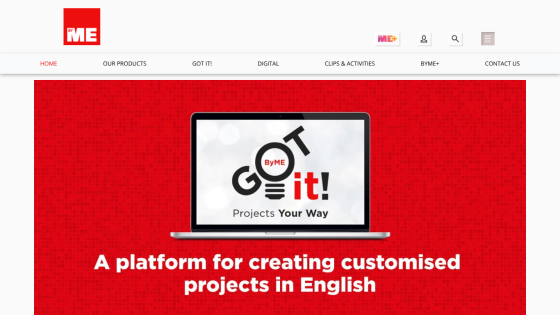 Website offering a platform for creating customized English projects with a laptop image and navigation menu