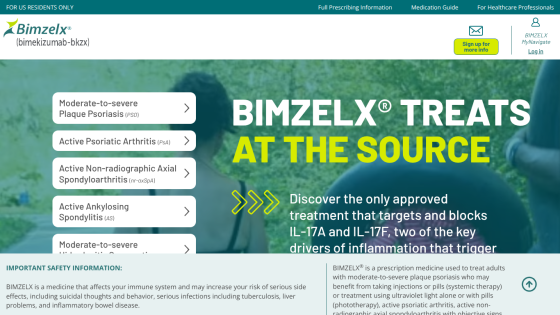Bimzelx website promoting treatment for plaque psoriasis and related conditions with safety information