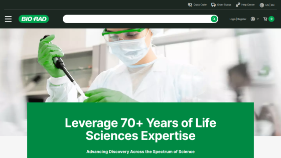 Homepage showcasing life sciences expertise with a scientist and key message.