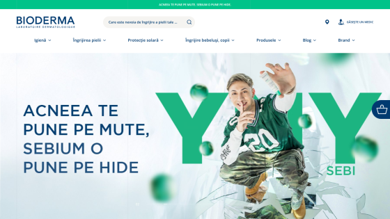 Bioderma website featuring a promotional image with a person and text about acne treatment.