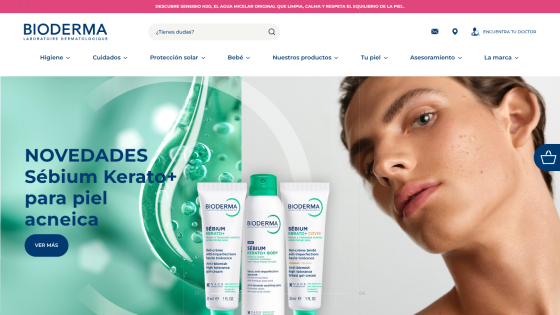Bioderma skincare homepage featuring Sébium Kerato+ products for acne-prone skin with a model and product details