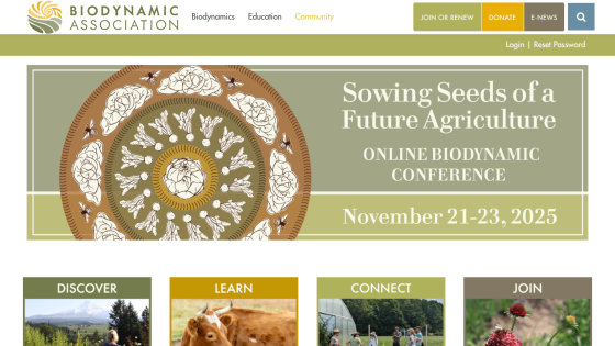 Biodynamic Association website promoting an online biodynamic conference Nov 21-23, 2025 with navigation and call-to-action buttons
