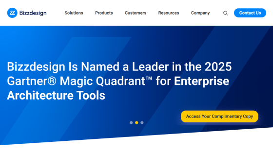 Bizdesign homepage hero announcing leadership in 2025 Gartner Magic Quadrant for Enterprise Architecture Tools with call-to-action button