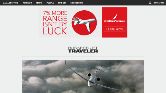 Business Jet Traveler website with navigation bar and hero image of a jet flying through clouds