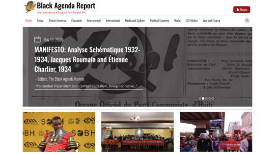 Homepage of Black Agenda Report featuring articles and images related to social justice.