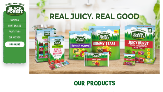 Black Forest gummy and fruit snack products displayed with slogan Real Juicy. Real Good and navigation menu on left
