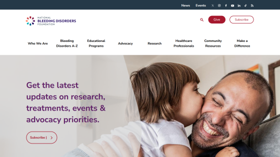 National Bleeding Disorders Foundation homepage with navigation and a hero section promoting updates on research, treatments, events, and advocacy
