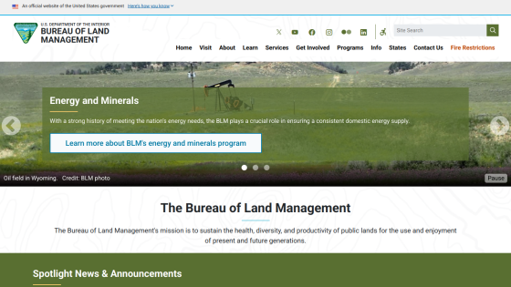 Bureau of Land Management homepage featuring energy and minerals section with a call to action.