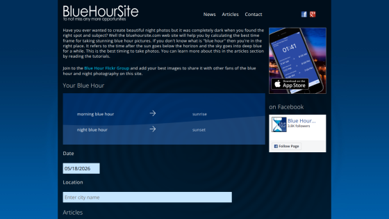 Website for Blue Hour photography with options for morning and night hours, and a form for user input.