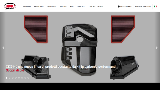 BMC Air Filter homepage with navigation menu and hero section showcasing carbon fiber product kits