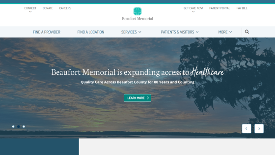 Beaufort Memorial healthcare site with navigation and hero banner about expanding access to healthcare in Beaufort County.
