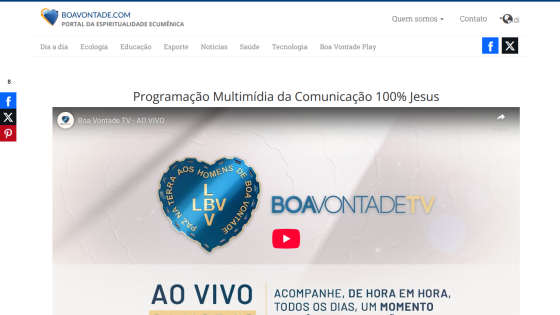 Boa Vontade TV live multimedia programming with spiritual content and navigation menu