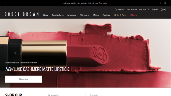 Bobbi Brown website showcasing new cashmere matte lipstick with a prominent call to action.