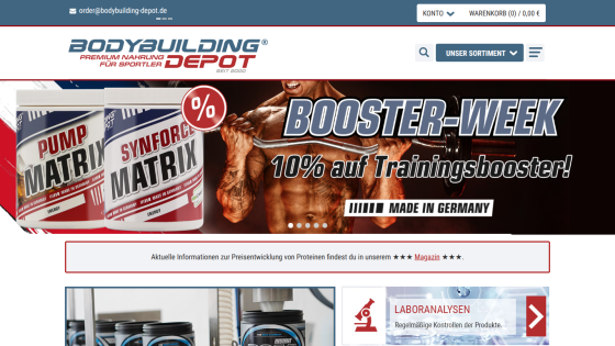 Bodybuilding Depot website showing a booster-week promotion with 10% off training boosters made in Germany