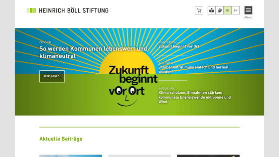 Website header for Heinrich Böll Stiftung with a green hero section promoting climate action.