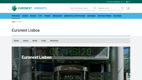 Euronext Lisbon homepage featuring market information and navigation links.
