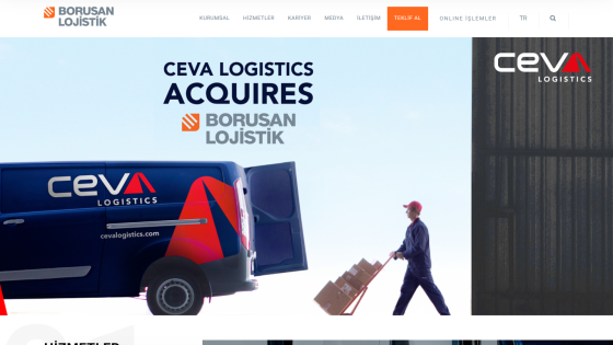 Borusan Lojistik website announcing acquisition by CEVA Logistics with delivery van and worker pushing boxes.