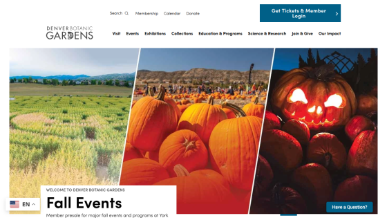 Homepage of Denver Botanic Gardens featuring fall events and vibrant images of pumpkins and landscapes.