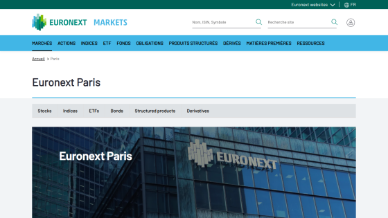 Euronext Paris page displaying market information and navigation options.