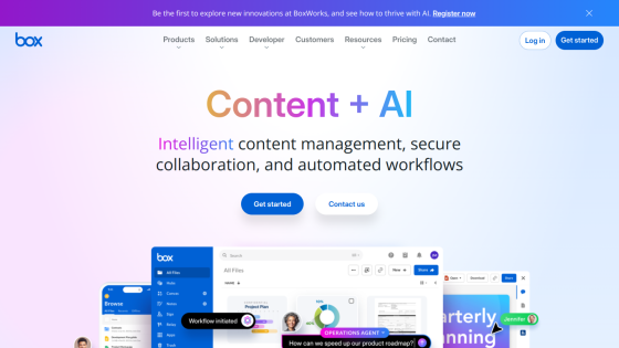 Box homepage featuring 'Content + AI' with a call to action and product visuals.