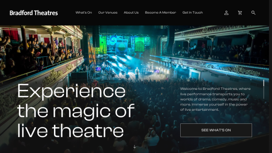 Bradford Theatres homepage with navigation and headline inviting to experience live theatre magic
