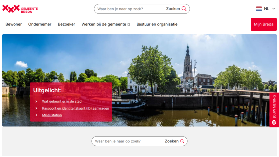 Homepage of a municipal website featuring a panoramic view of a city with navigation options.
