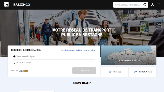 Public transport network in Brittany with search form for departure and arrival stations and travel info