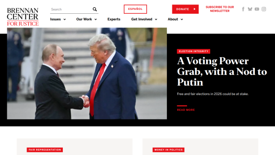 Brennan Center homepage featuring an article on voting power and a handshake image.