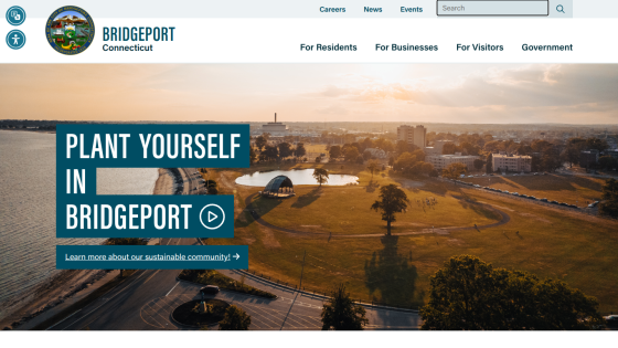 City of Bridgeport Connecticut official site with navigation and a sunset park aerial hero image promoting sustainable community
