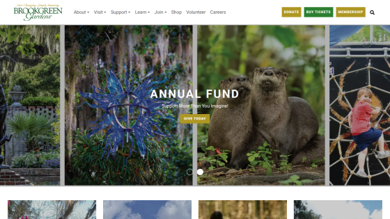 Brookgreen Gardens homepage with navigation menu, annual fund call to action, and images of gardens, otters, and a child playing