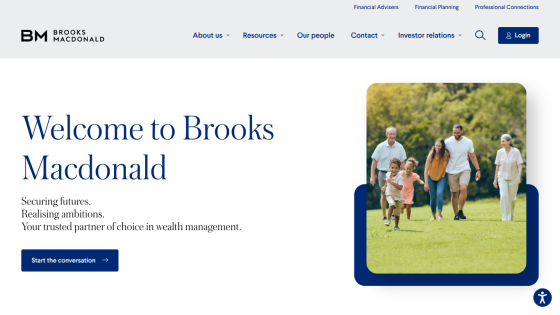 Brooks Macdonald wealth management welcome page with tagline and family image