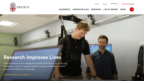 Brown University homepage featuring research on health and technology with a focus on improving lives.