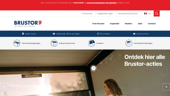 Brustor outdoor sun systems homepage with navigation and hero section promoting Brustor actions