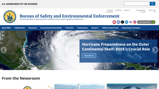 Bureau of Safety and Environmental Enforcement homepage with hurricane preparedness feature and newsroom section
