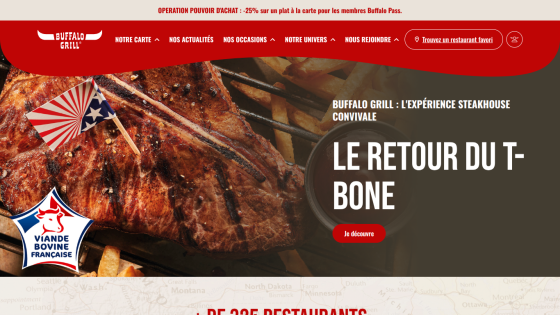 Buffalo Grill website featuring T-bone steak promotion and navigation options.