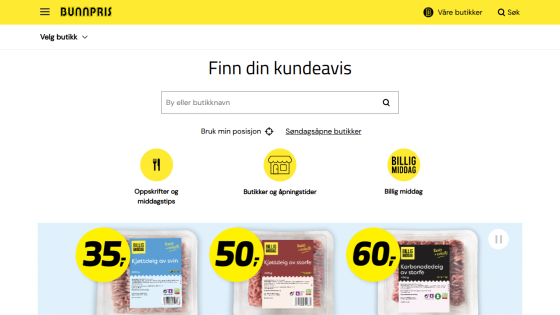 Bunnpris grocery site with store search, recipe tips, opening hours, and discounted meat products