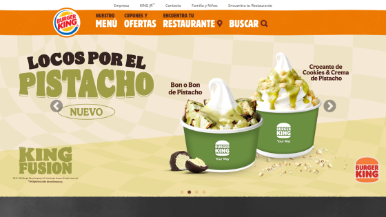 Promotional banner for pistachio desserts at Burger King with product images and text.