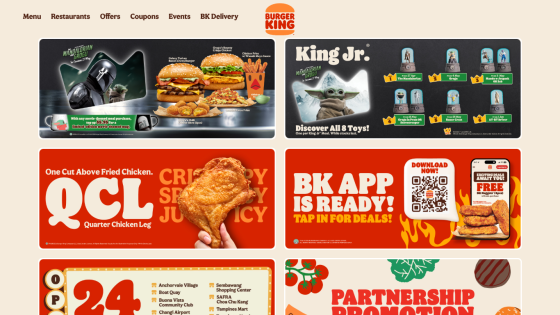 Promotional section featuring burgers, chicken, and app advertisement for Burger King.