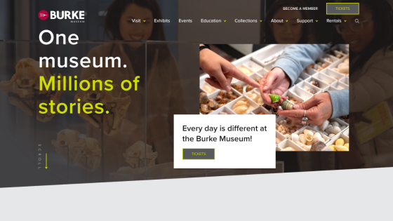 Burke Museum homepage featuring a welcoming message and images of exhibits.