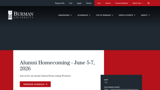 Announcement for Alumni Homecoming event on June 5-7, 2026, at Burman University.