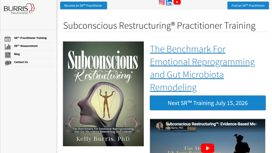Subconscious Restructuring Practitioner Training page with book cover and training details.